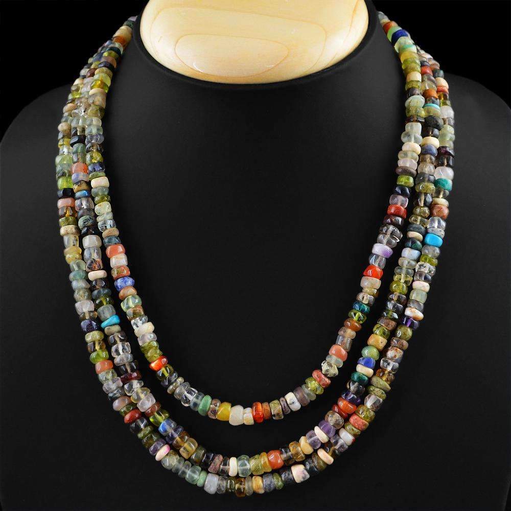 gemsmore:Multicolor Multi Gemstone Necklace Natural 3 Line Round Shape Beads