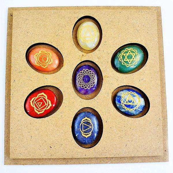 gemsmore:Multicolor Seven Chakra Carved Gemstone In Wooden Box