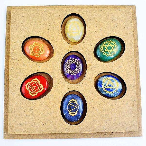 gemsmore:Multicolor Seven Chakra Carved Gemstone In Wooden Box