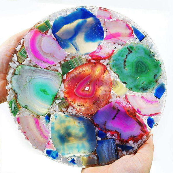 gemsmore:Multicolor Slice Agate Plate - Carved & Resin Compressed - Exclusive