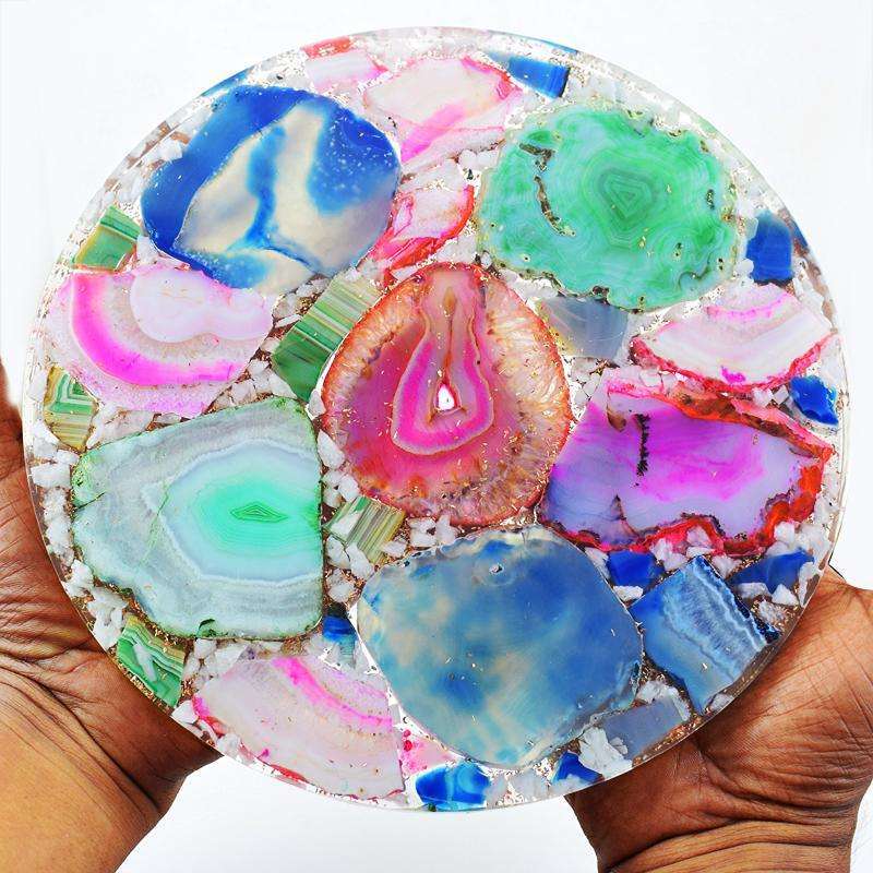 gemsmore:Multicolor Slice Agate Plate - Carved & Resin Compressed - Exclusive