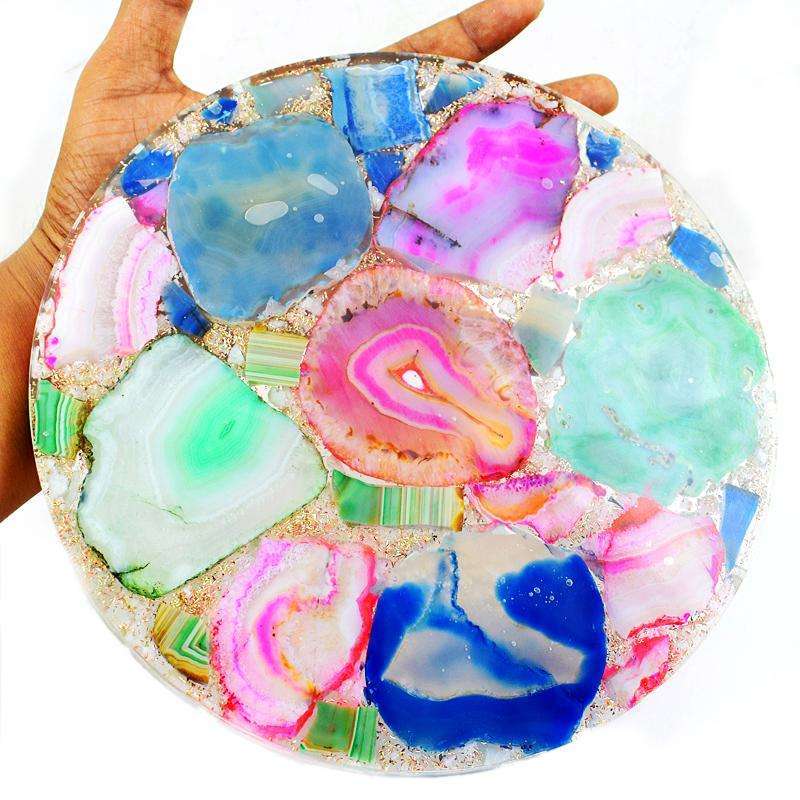 gemsmore:Multicolor Slice Agate Plate - Carved & Resin Compressed - Exclusive