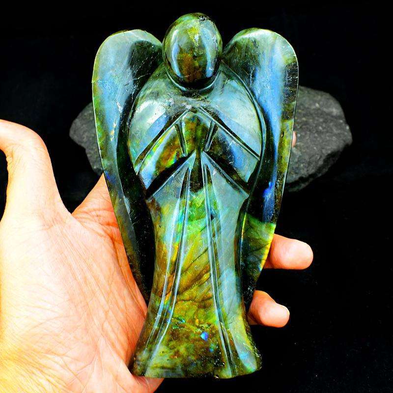 gemsmore:Museum Size Golden Flash Labradorite Carved Healing Angelsir0