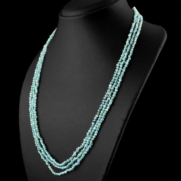 gemsmore:Natrural Blue Apatite Necklace 3 Line Round Shape Untreated Beads