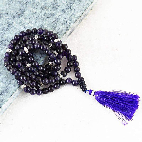 gemsmore:Natural 108 Beads Necklace Purple Amethyst Prayer Mala - Round Shape