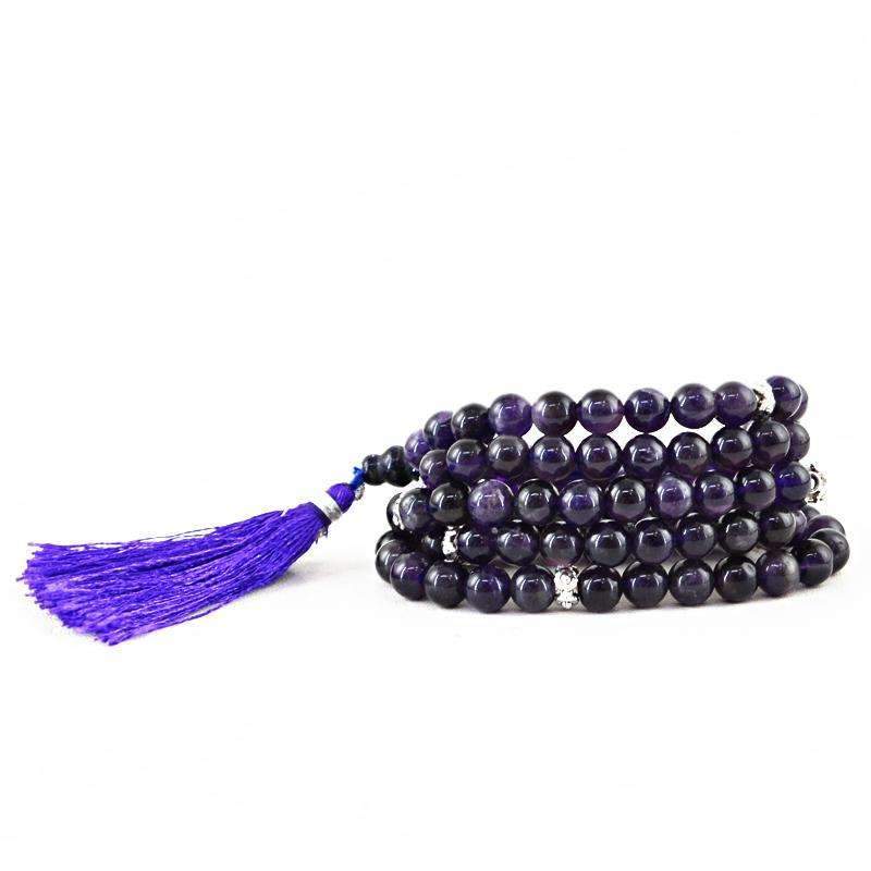 gemsmore:Natural 108 Beads Necklace Purple Amethyst Prayer Mala - Round Shape