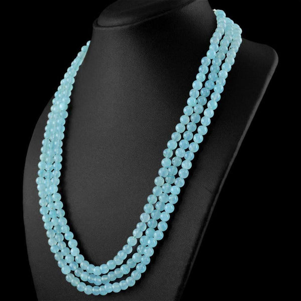 gemsmore:Natural 3 Line Blue Aquamarine Necklace Round Shape Beads