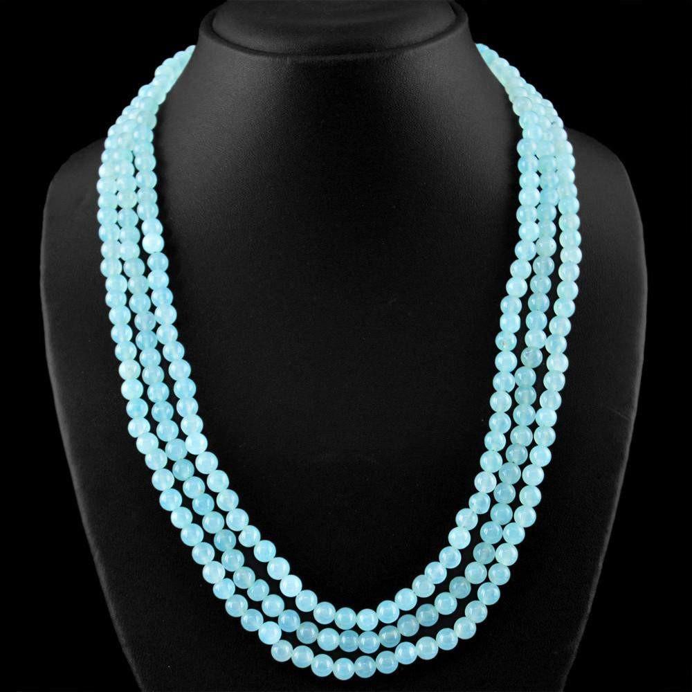 gemsmore:Natural 3 Line Blue Aquamarine Necklace Round Shape Beads