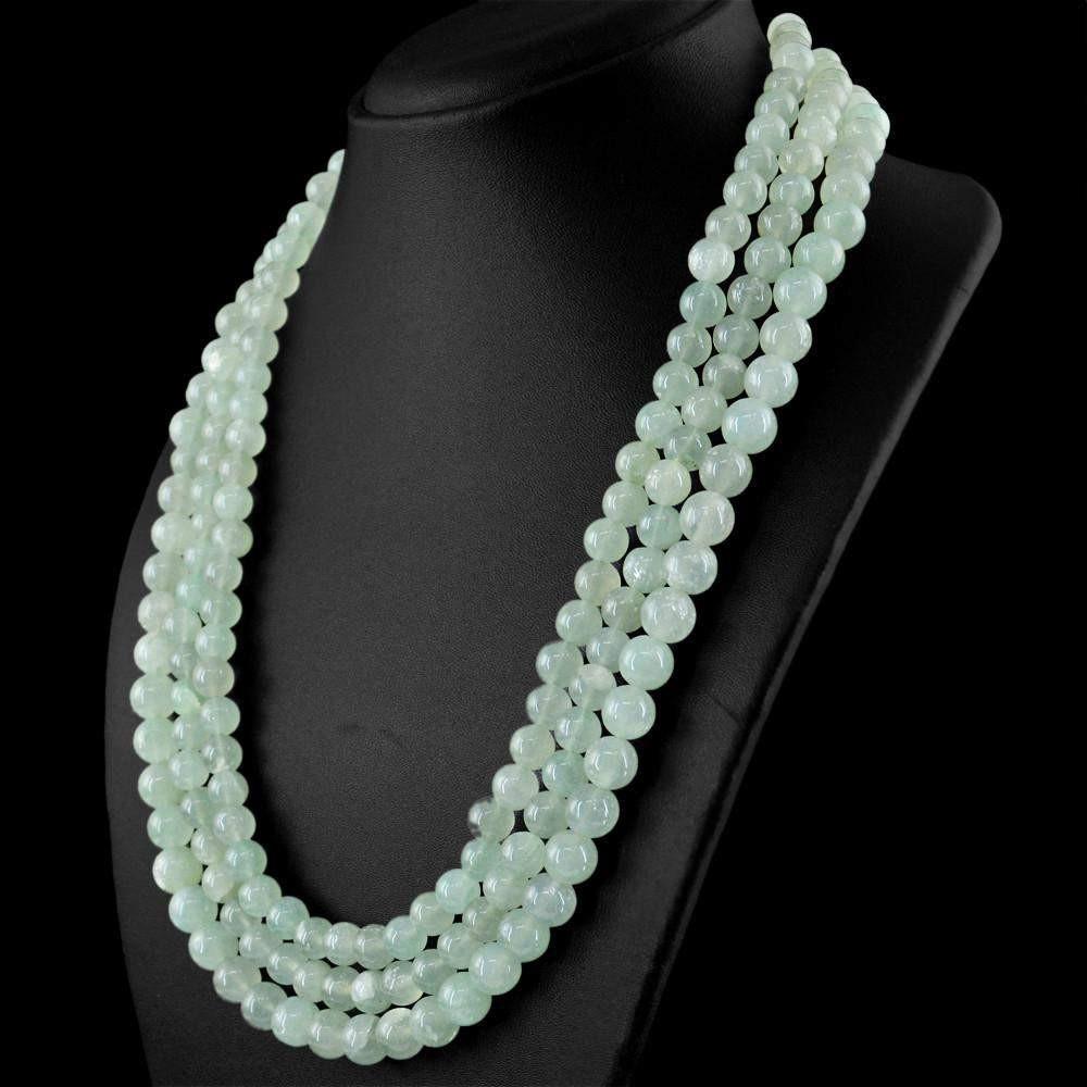 gemsmore:Natural 3 Strand Green Aquamarine Necklace Untreated Round Shape Beads