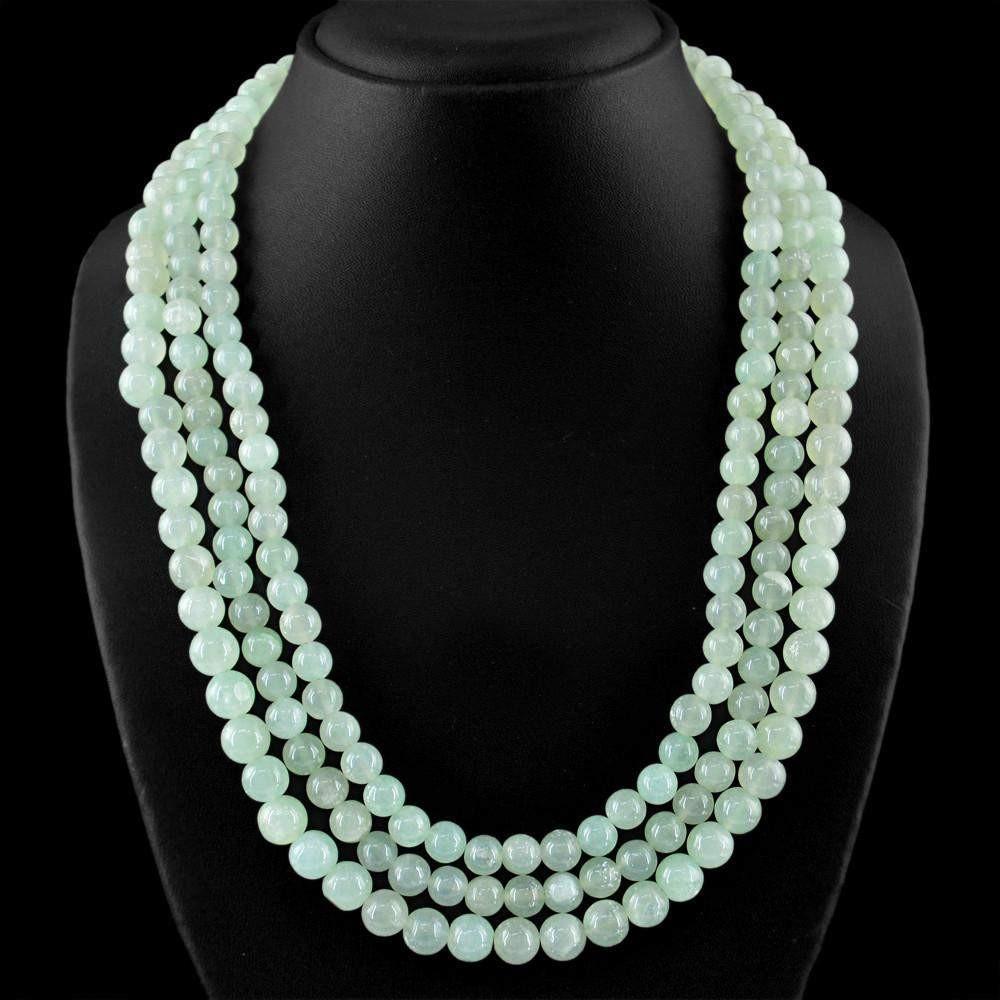 gemsmore:Natural 3 Strand Green Aquamarine Necklace Untreated Round Shape Beads