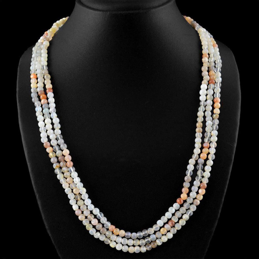 gemsmore:Natural 3 Strand Multicolor Moonstone Necklace Round Shape Beads