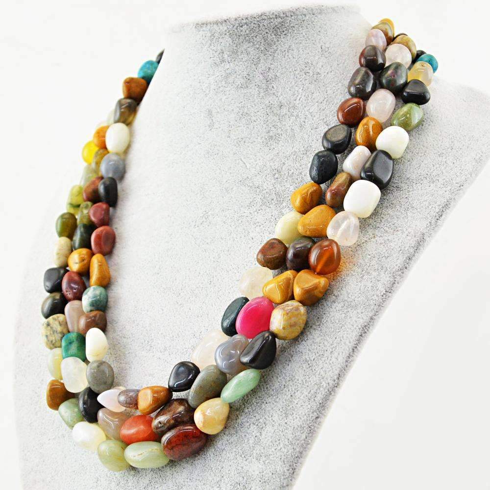 gemsmore:Natural 3 Strand Multicolor Multi Gemstone Necklace Untreated Beads