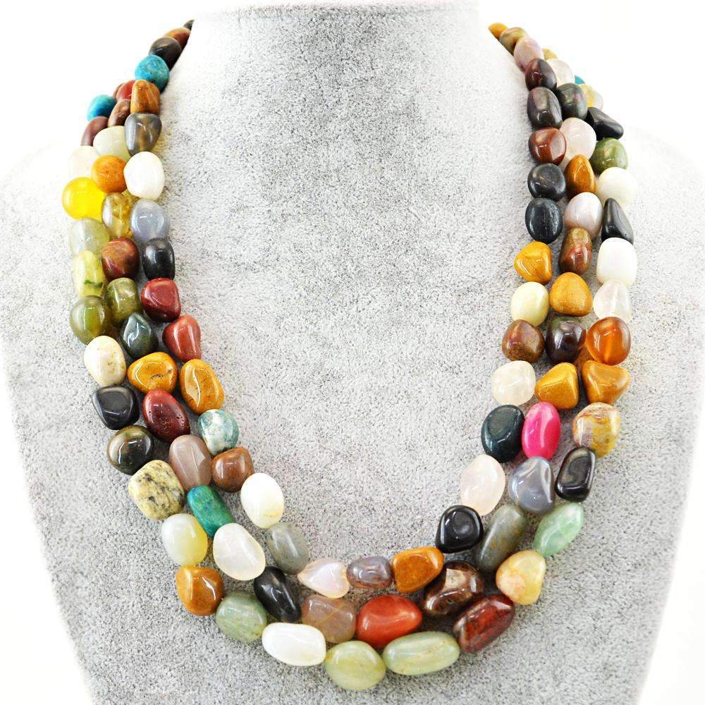 gemsmore:Natural 3 Strand Multicolor Multi Gemstone Necklace Untreated Beads