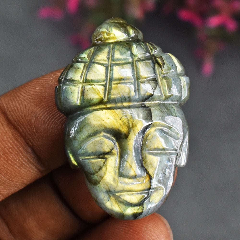 gemsmore:Natural 38 Carats  Genuine Golden Flash Labradorite Buddha Head Gemstone