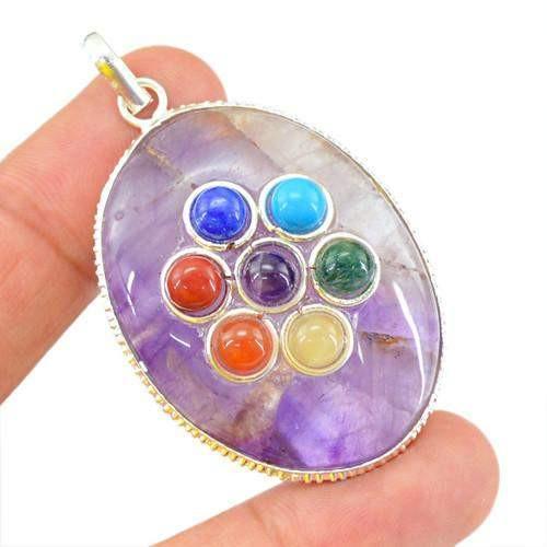 gemsmore:Natural 7 Chakra Purple Amethyst Pendant