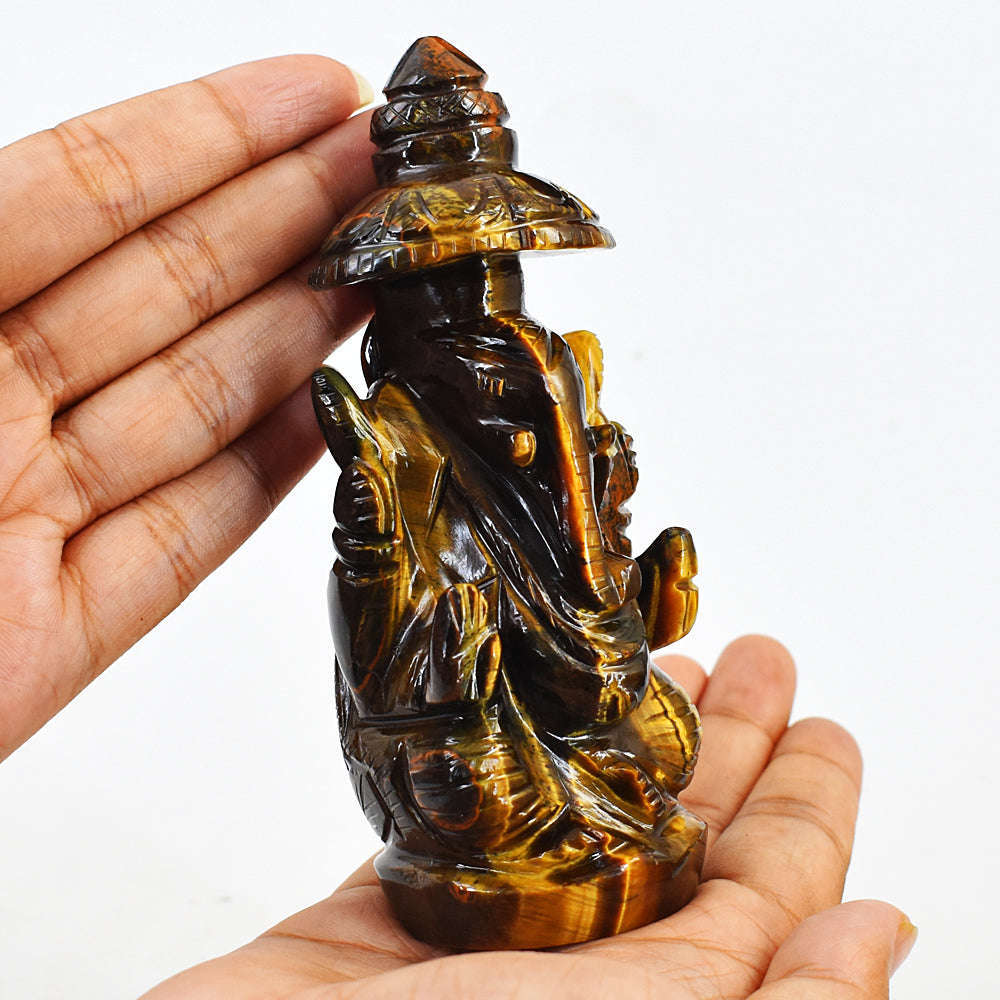 gemsmore:Natural Amazing Artisian Hand Carved Golden Tiger Eye Ganesha With Throne