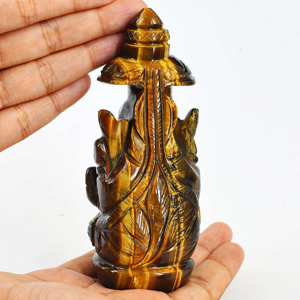 gemsmore:Natural Amazing Artisian Hand Carved Golden Tiger Eye Ganesha With Throne