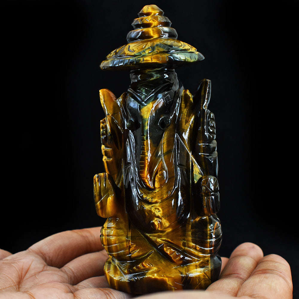 gemsmore:Natural  Amazing Artisian Hand Carved  Tiger Eye Ganesha With Throne