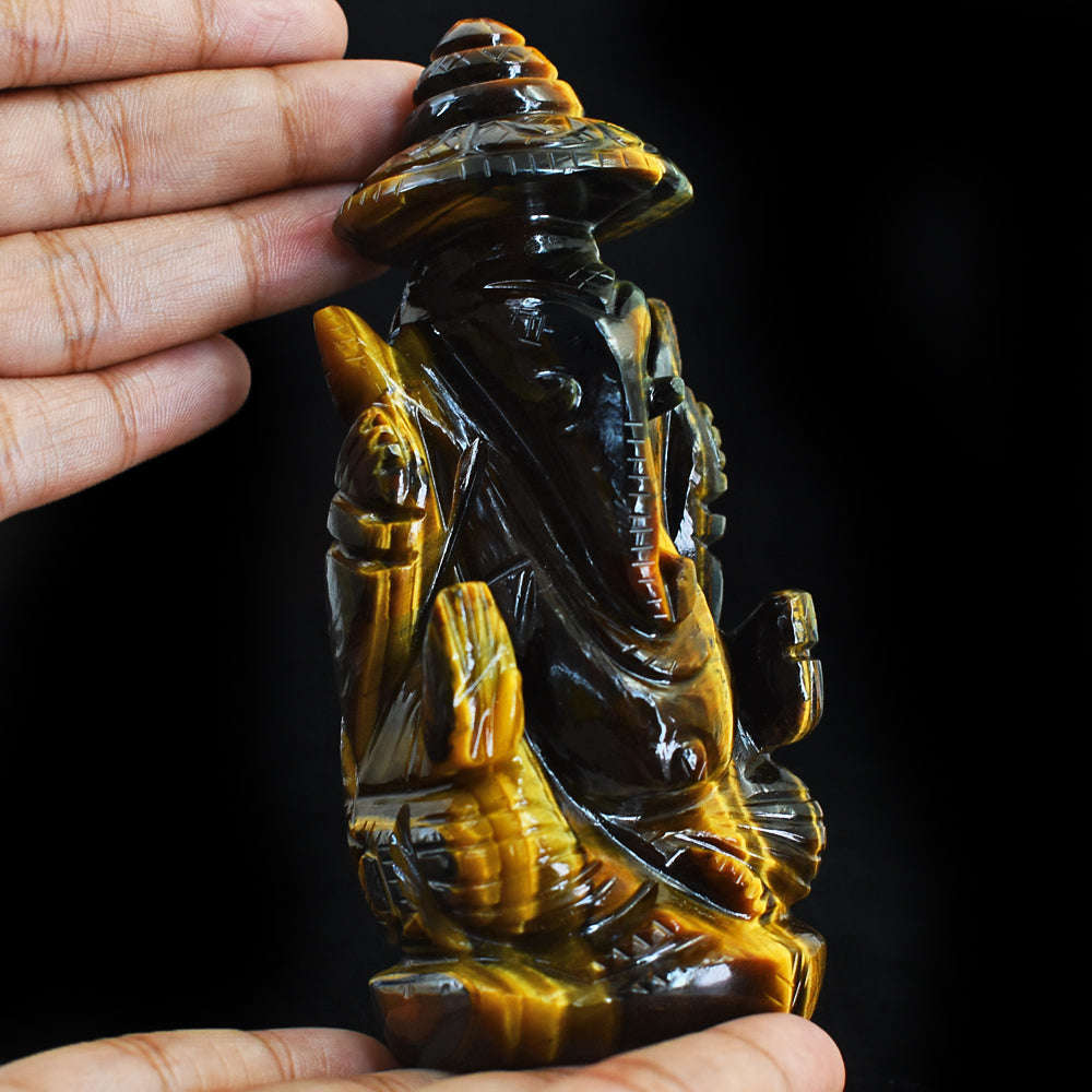 gemsmore:Natural  Amazing Artisian Hand Carved  Tiger Eye Ganesha With Throne