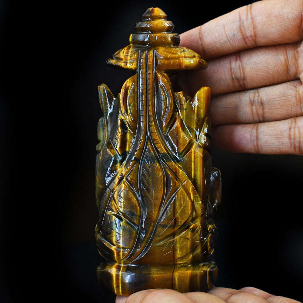 gemsmore:Natural  Amazing Artisian Hand Carved  Tiger Eye Ganesha With Throne