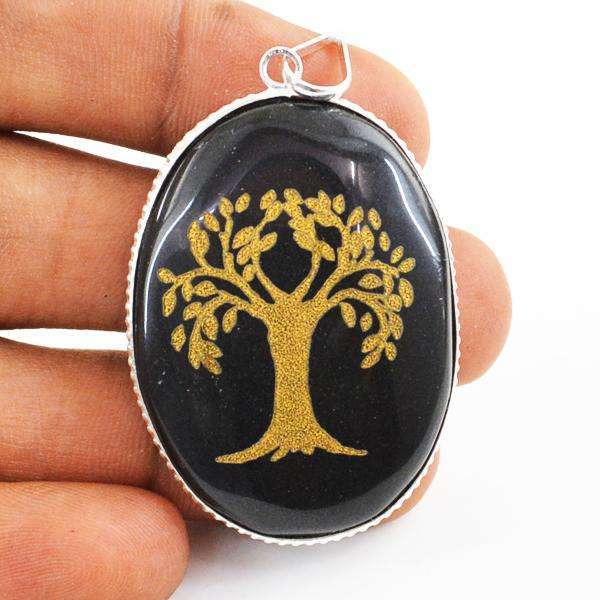 gemsmore:Natural Amazing Black Spinel Oval Shape Healing Tree Pendant