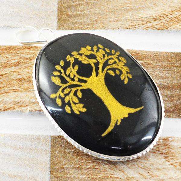 gemsmore:Natural Amazing Black Spinel Oval Shape Healing Tree Pendant