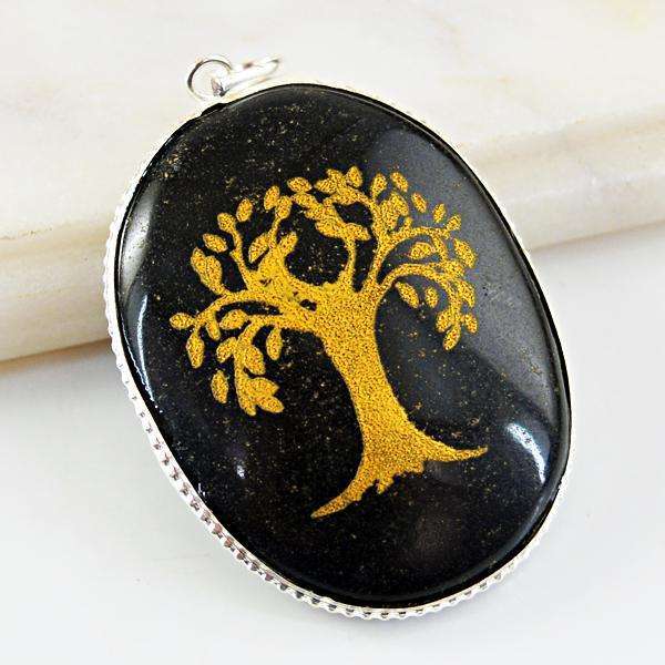 gemsmore:Natural Amazing Black Spinel Round Shape Healing Tree Pendant