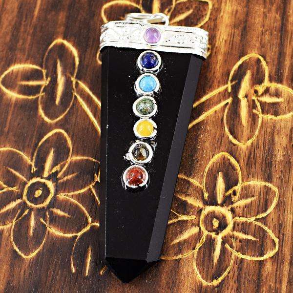 gemsmore:Natural Amazing Black Spinel Seven Chakra Healing Wand Pendant