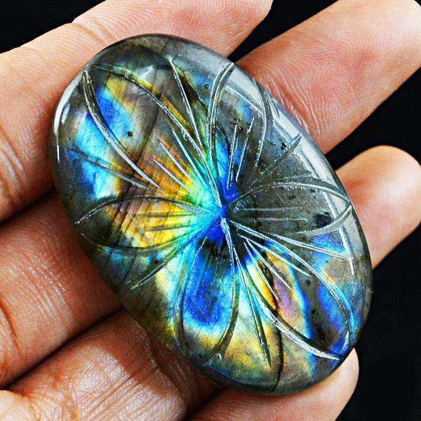 gemsmore:Natural Amazing Carved Oval Shape Labradorite Untreated Loose Gemstone