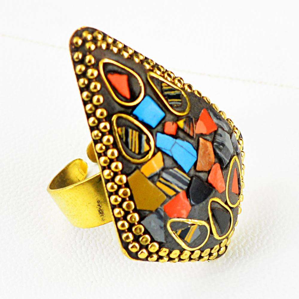 gemsmore:Natural Amazing Coral & Turquoise Tibet Silver Ring