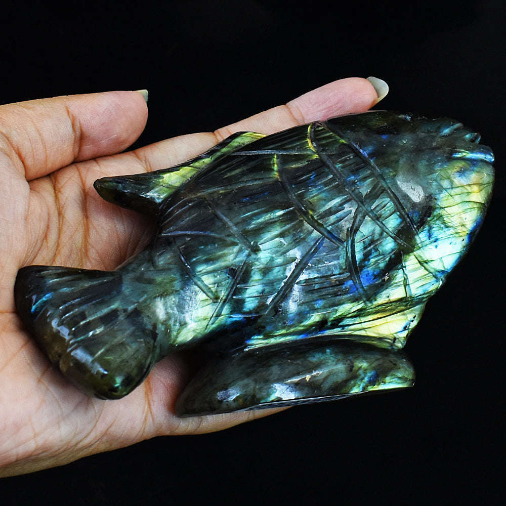 gemsmore:Natural Amazing Flash Labradorite Carved Fish