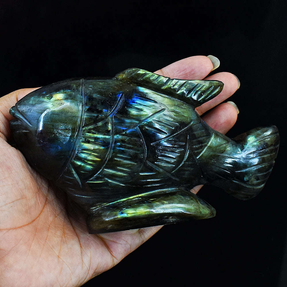 gemsmore:Natural Amazing Flash Labradorite Carved Fish