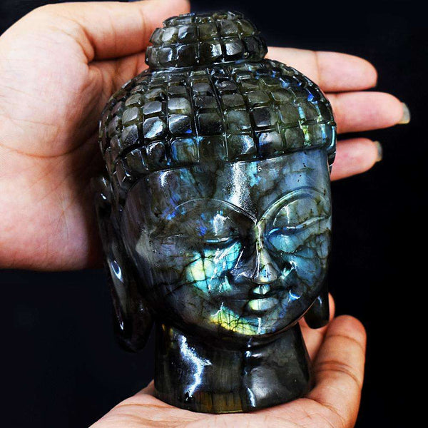gemsmore:Natural Amazing Flash Labradorite Hand Carved Buddha Head