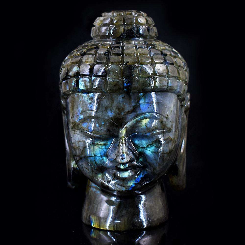 gemsmore:Natural Amazing Flash Labradorite Hand Carved Buddha Head