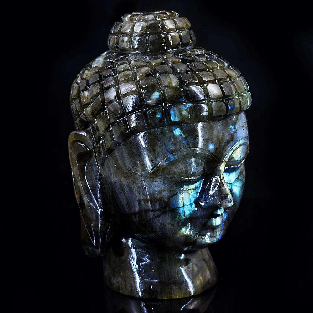 gemsmore:Natural Amazing Flash Labradorite Hand Carved Buddha Head