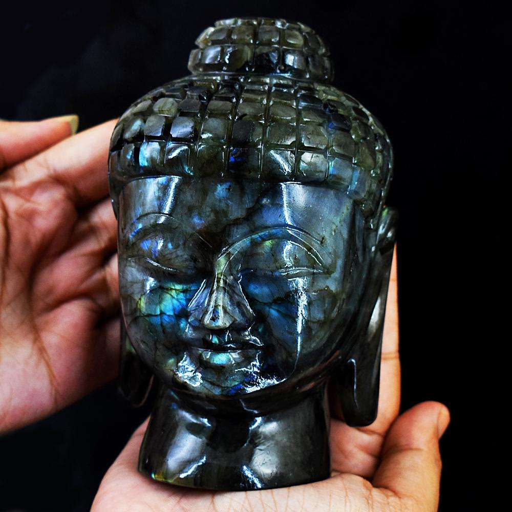 gemsmore:Natural Amazing Flash Labradorite Hand Carved Buddha Head
