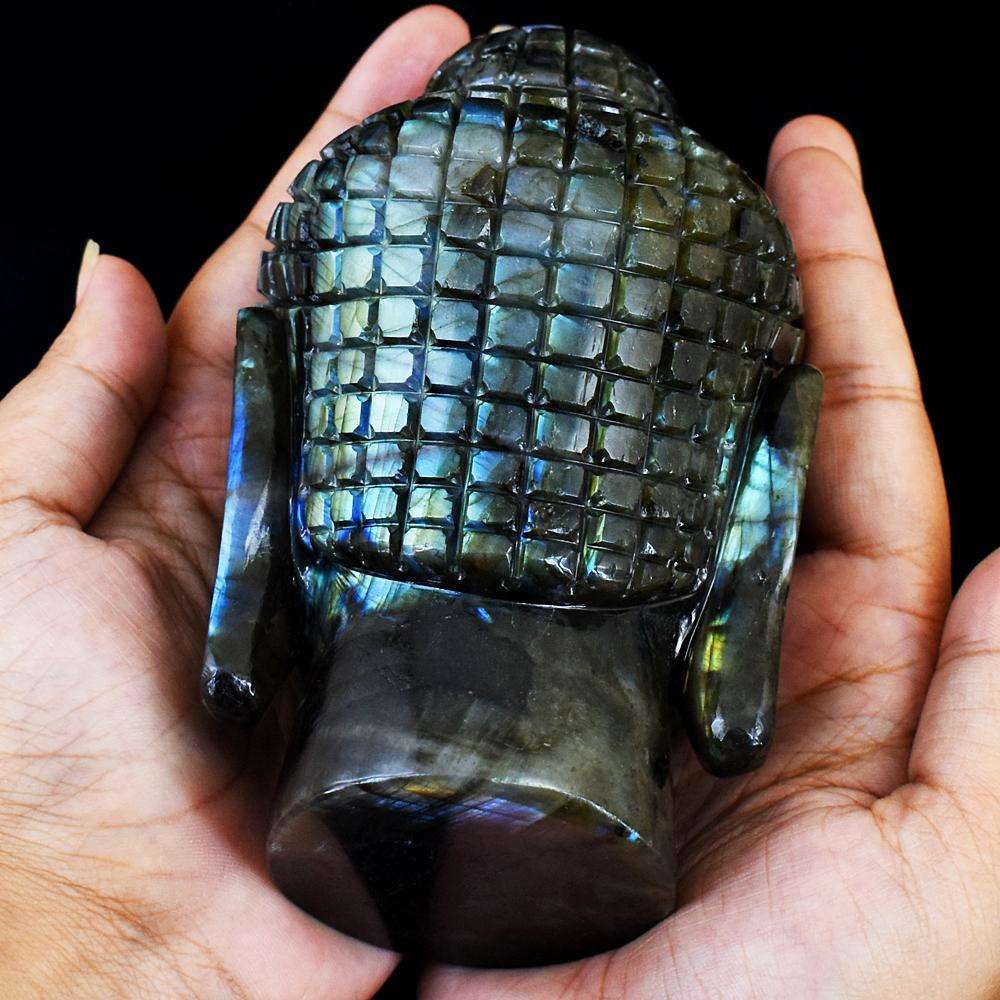 gemsmore:Natural Amazing Flash Labradorite Hand Carved Buddha Head