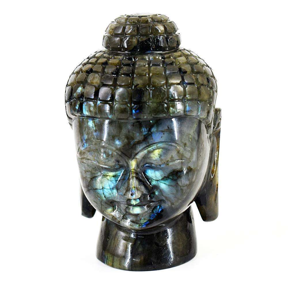gemsmore:Natural Amazing Flash Labradorite Hand Carved Buddha Head