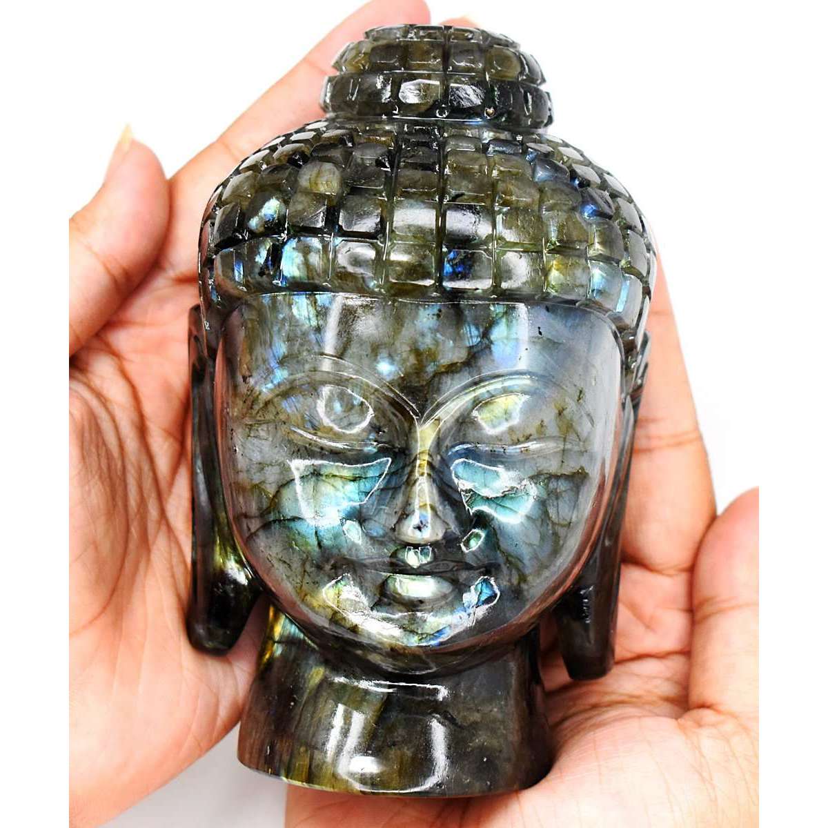 gemsmore:Natural Amazing Flash Labradorite Hand Carved Buddha Head