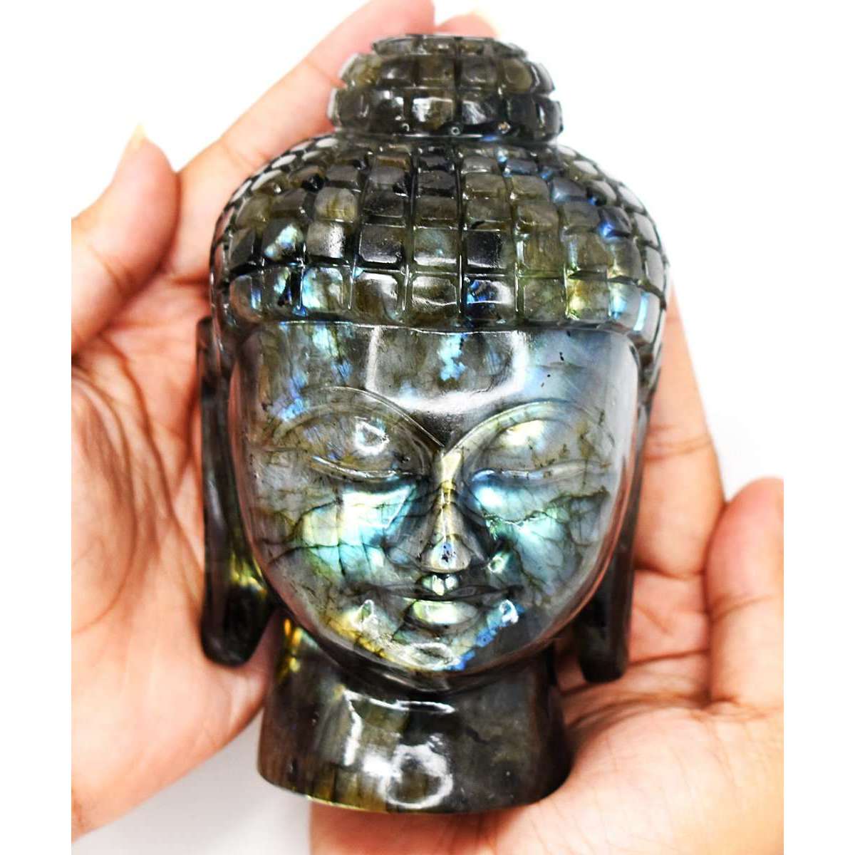 gemsmore:Natural Amazing Flash Labradorite Hand Carved Buddha Head