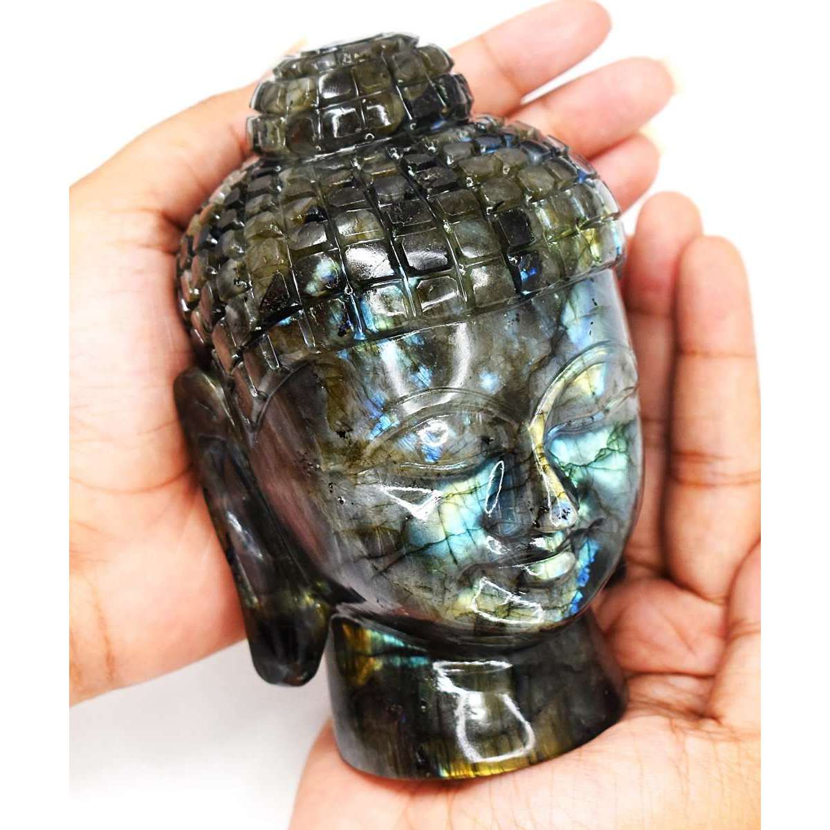 gemsmore:Natural Amazing Flash Labradorite Hand Carved Buddha Head