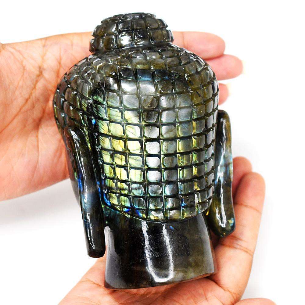 gemsmore:Natural Amazing Flash Labradorite Hand Carved Buddha Head