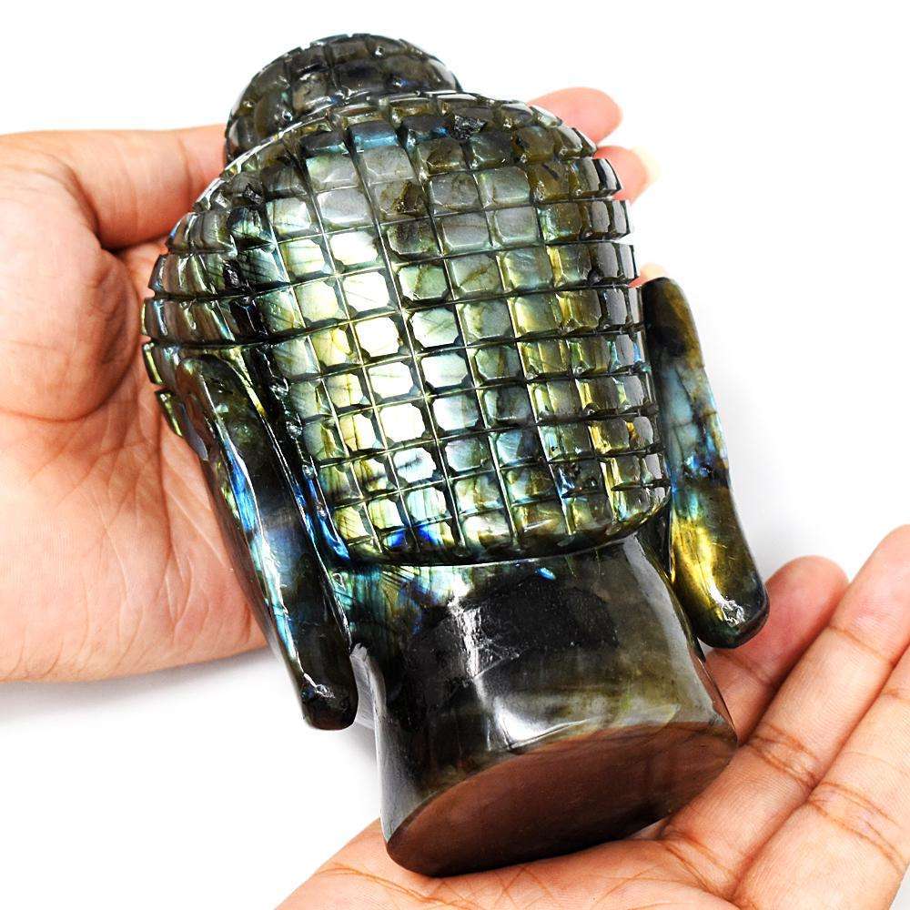 gemsmore:Natural Amazing Flash Labradorite Hand Carved Buddha Head