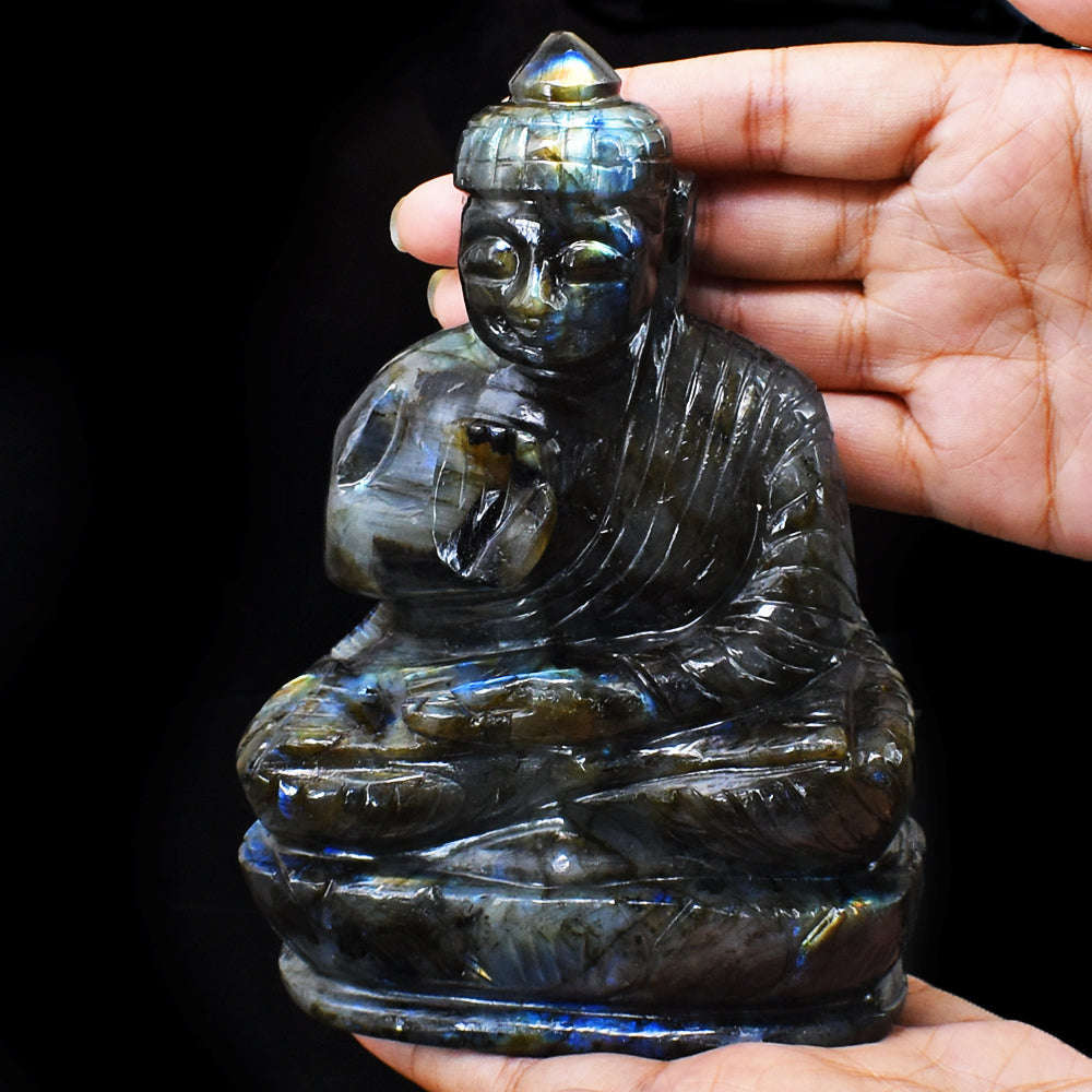 gemsmore:Natural Amazing Flash Labradorite Hand Carved Lord Buddha
