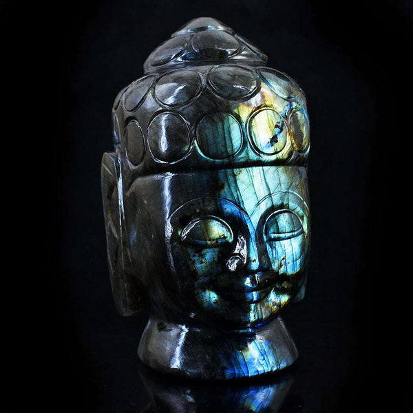 gemsmore:Natural Amazing Flash Labradorite Hand Carved  Lord Buddha Head Idol