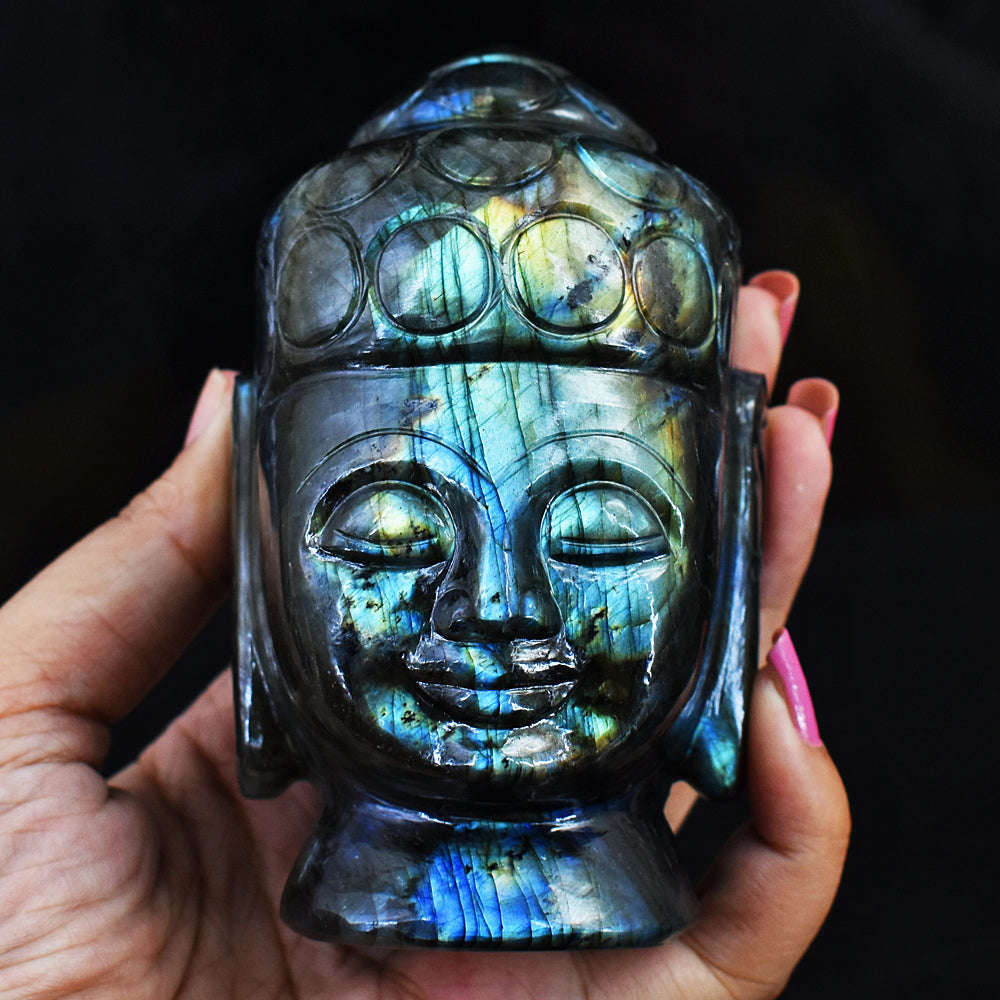 gemsmore:Natural Amazing Flash Labradorite Hand Carved  Lord Buddha Head Idol