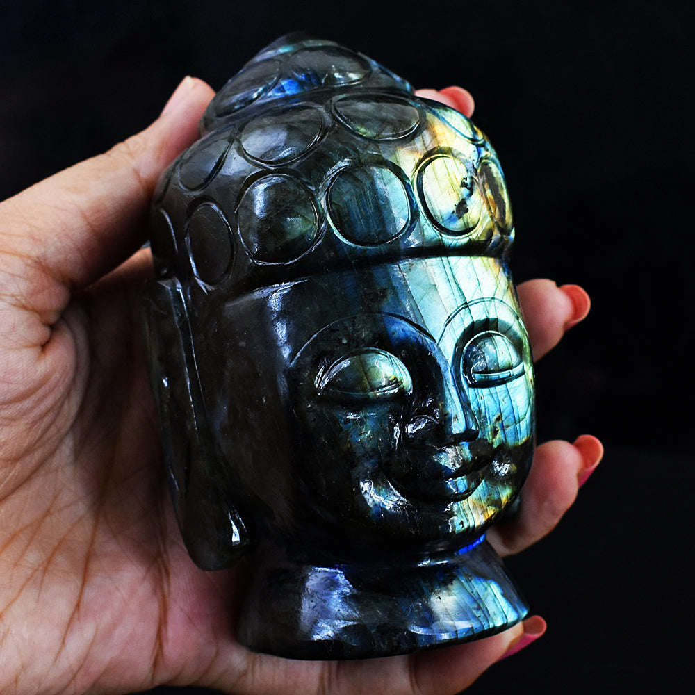 gemsmore:Natural Amazing Flash Labradorite Hand Carved  Lord Buddha Head Idol