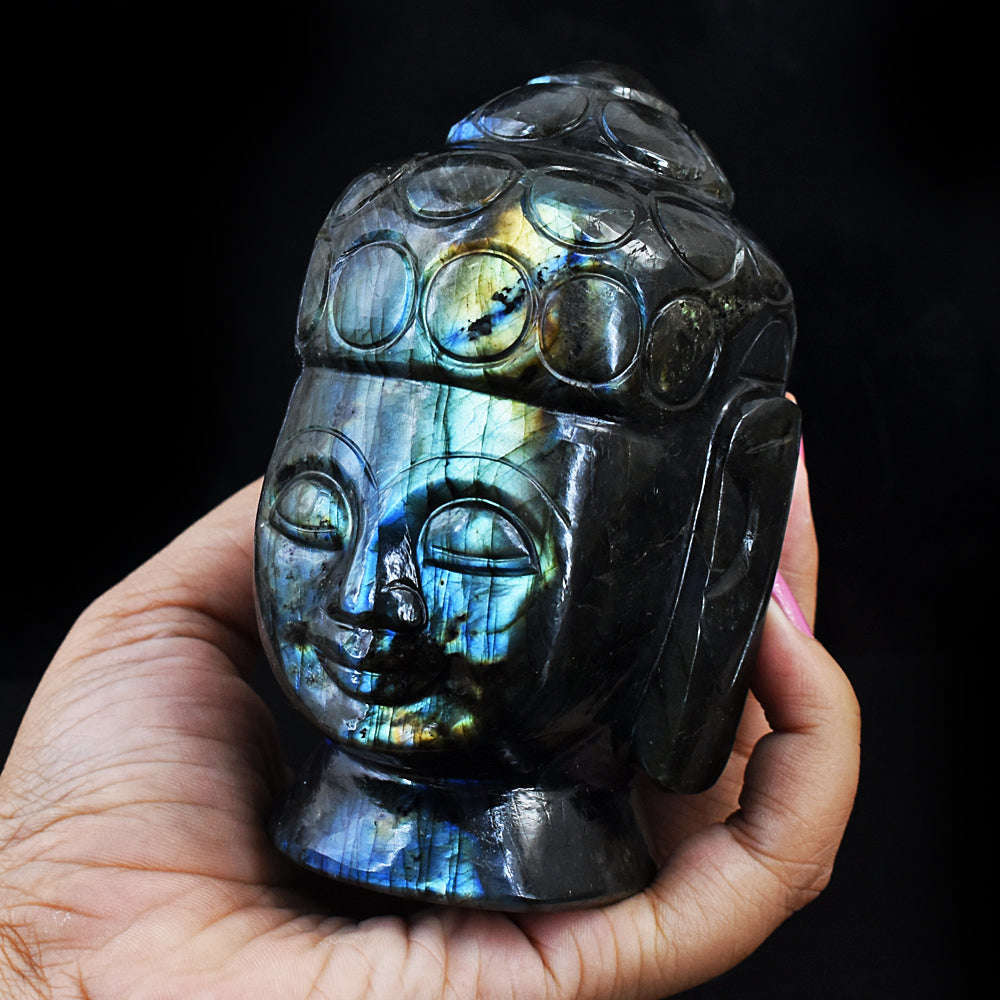 gemsmore:Natural Amazing Flash Labradorite Hand Carved  Lord Buddha Head Idol