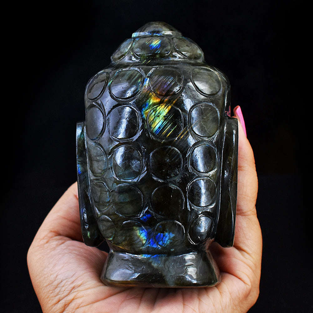 gemsmore:Natural Amazing Flash Labradorite Hand Carved  Lord Buddha Head Idol