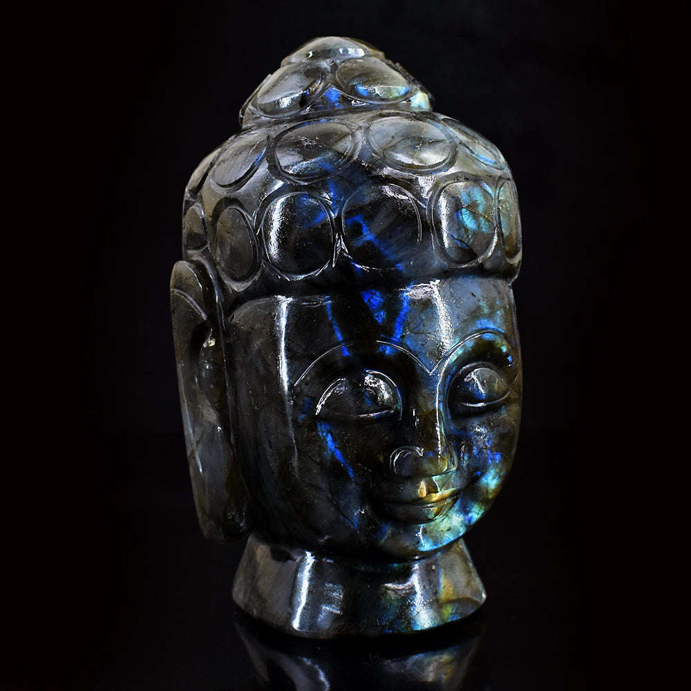 gemsmore:Natural Amazing Flash Labradorite Hand Carved  Lord Buddha Head Idol